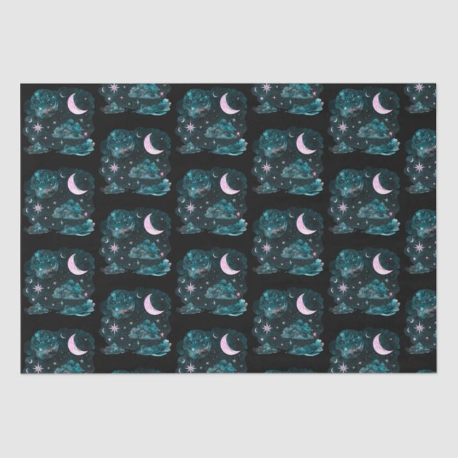 Pink Crescent Moon Stars Celestial Black Halloween Tissue Paper (Front)