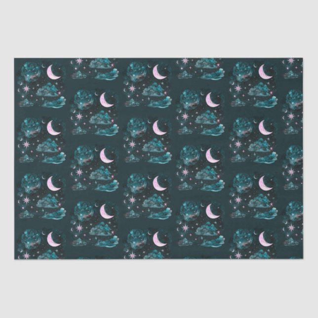 Pink Crescent Moon Stars Celestial Blue Halloween Tissue Paper (Front)