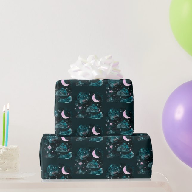 Pink Crescent Moon Stars Celestial Blue Halloween Wrapping Paper (Party Gifts)