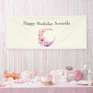 Pink Crescent Moon with Pretty Flowers Birthday Banner
