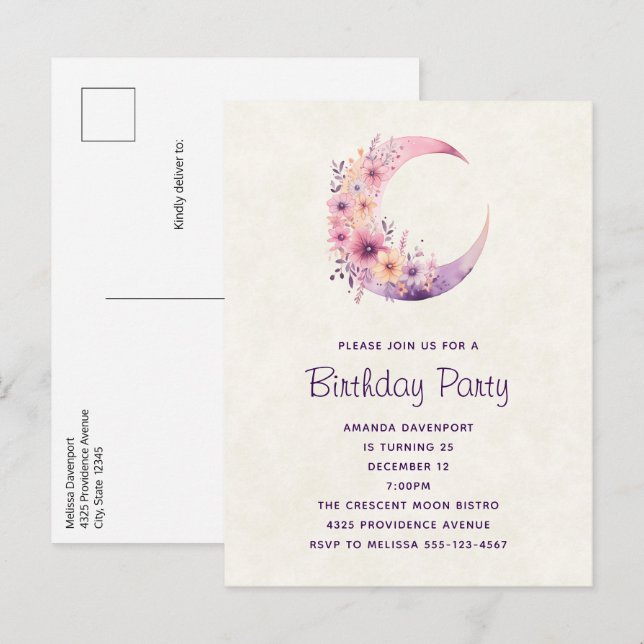 Pink Crescent Moon with Pretty Flowers Birthday Invitation Postcard (Front/Back)