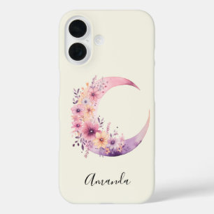 Pink Crescent Moon with Pretty Flowers iPhone 16 Case