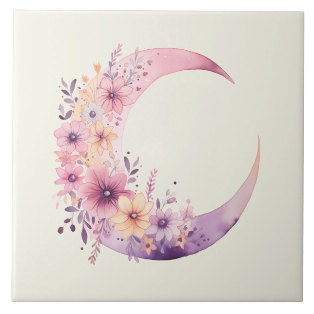 Pink Crescent Moon with Pretty Flowers Ceramic Tile (Front)