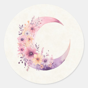 Pink Crescent Moon with Pretty Flowers Classic Round Sticker