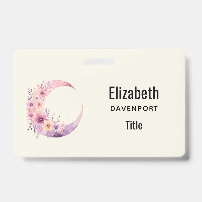 Pink Crescent Moon with Pretty Flowers ID Badge (Front)