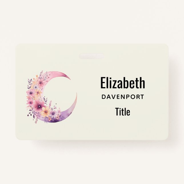 Pink Crescent Moon with Pretty Flowers ID Badge (Front)