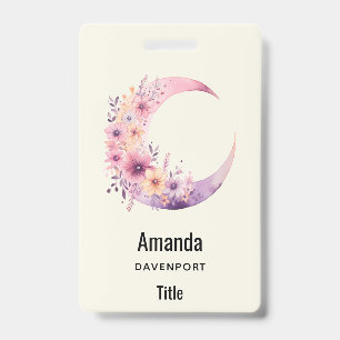 Pink Crescent Moon with Pretty Flowers ID Badge