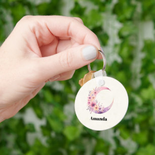 Pink Crescent Moon with Pretty Flowers Key Ring