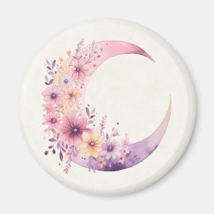 Pink Crescent Moon with Pretty Flowers Magnet