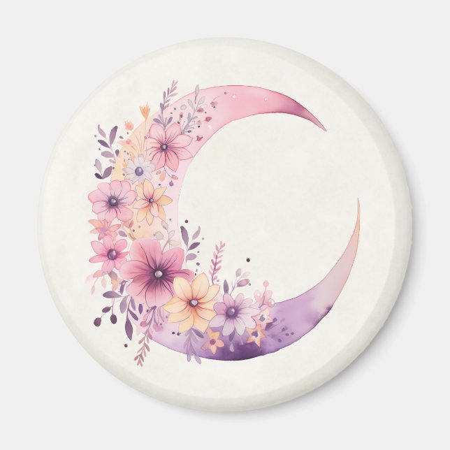 Pink Crescent Moon with Pretty Flowers Magnet (Front)