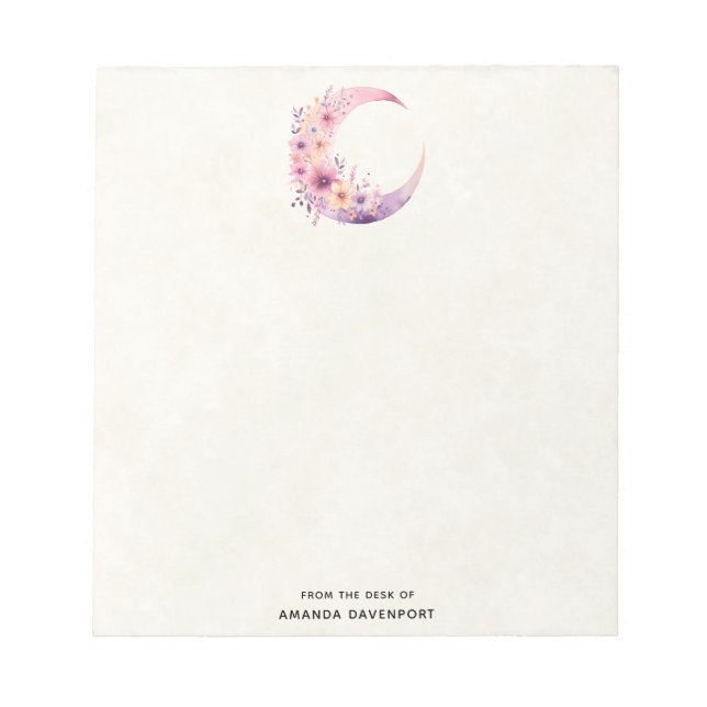 Pink Crescent Moon with Pretty Flowers Notepad (Front)