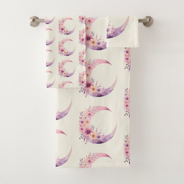Pink Crescent Moon with Pretty Flowers Pattern Bath Towel Set (Insitu)