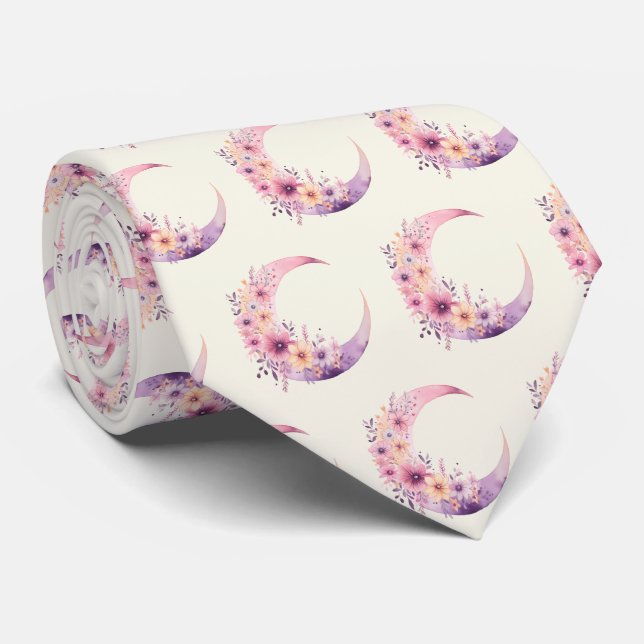 Pink Crescent Moon with Pretty Flowers Pattern Tie (Rolled)