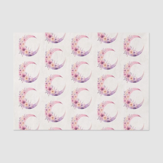 Pink Crescent Moon with Pretty Flowers Pattern Tissue Paper (Front)