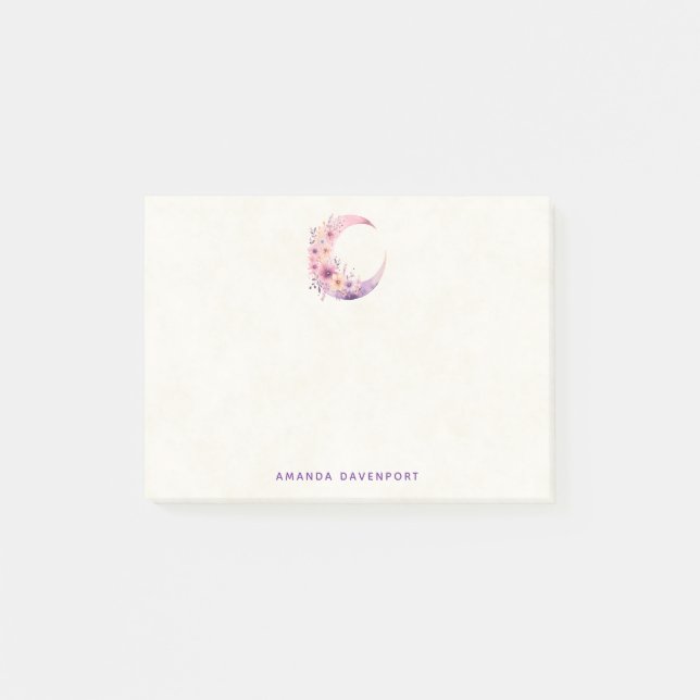 Pink Crescent Moon with Pretty Flowers Post-it Notes (Front)