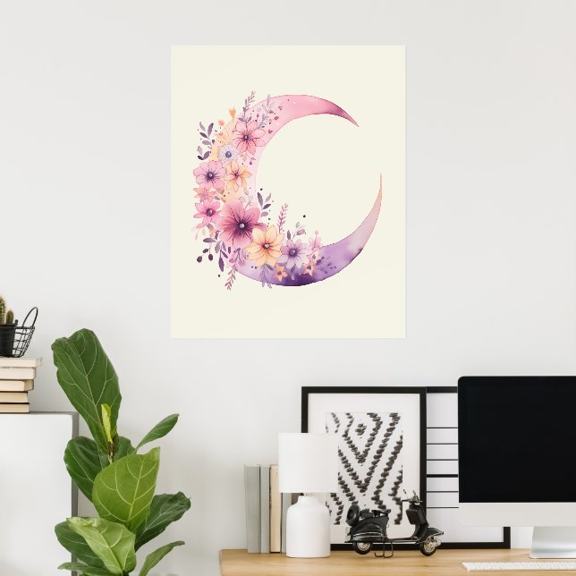 Pink Crescent Moon with Pretty Flowers Poster (Home Office)