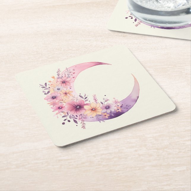 Pink Crescent Moon with Pretty Flowers Square Paper Coaster (Angled)