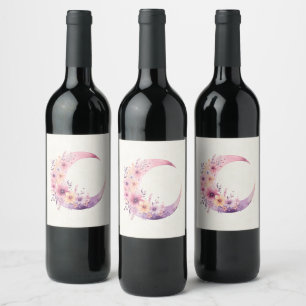 Pink Crescent Moon with Pretty Flowers Wine Label