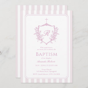 Pink Crest Monogram Baptism Invitation