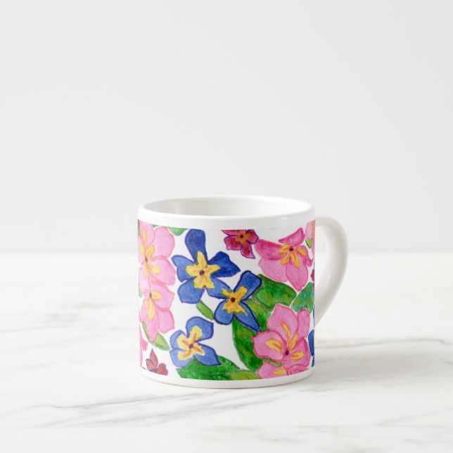 Pink, Crimson and Blue Primroses Floral on White Espresso Cup (Front Right)