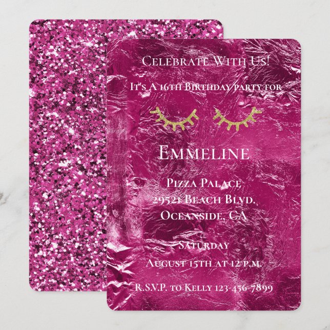 Pink Crinkle Glitzy Gold Glitter Eyelashes  Invitation (Front/Back)