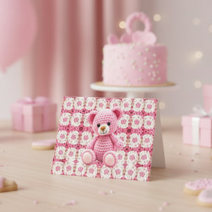 Pink Crochet Bear Baby Shower Thank You Card