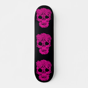 Pink crochet skull skateboard. skateboard