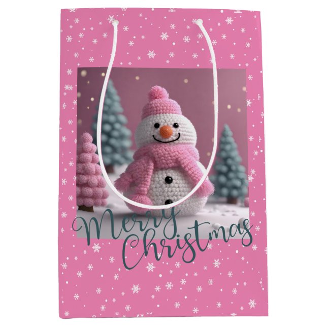  Pink Crocheted Christmas Snowman Medium Gift Bag (Front)