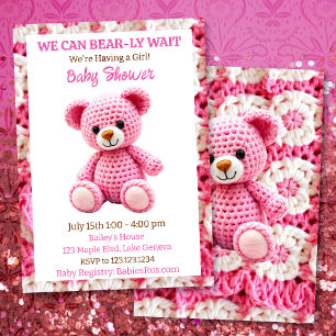Pink Crocheted Teddy Bear Girl's Baby Shower Invitation