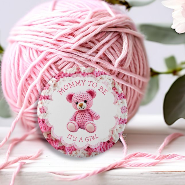 Pink Crocheted Teddy Bear | Mom to Be 6 Cm Round Badge (Creator Uploaded)