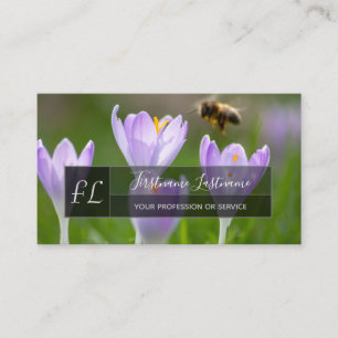 Pink crocus blossom bee grey rectangle monogram business card
