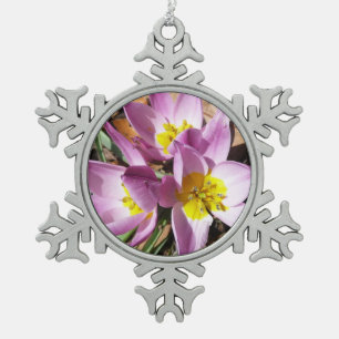 Pink Crocuses Spring Floral Snowflake Pewter Christmas Ornament