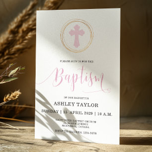  Pink Cross and  Faux Gold Frame Baptism  Invitation