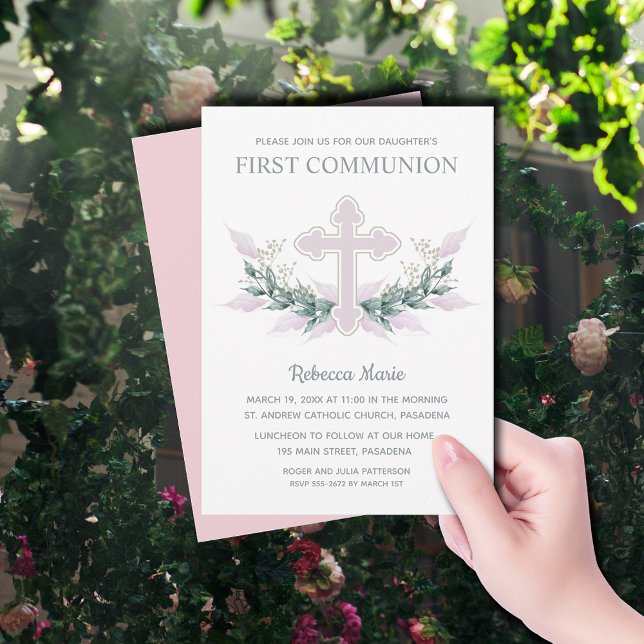 Pink Cross and Leaves First Communion Invitation (Pink Cross and Leaves First Communion Invitations)