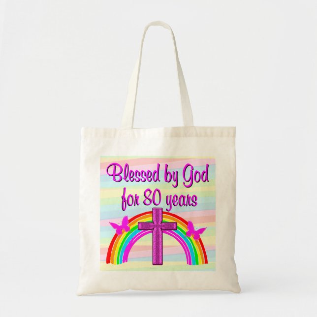 PINK CROSS AND RAINBOW 80TH BIRTHDAY TOTE BAG (Front)