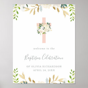 Pink Cross and White Flowers Baptism Welcome Poster
