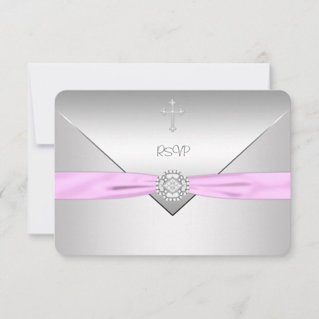 Pink Cross Baby Girl Christening RSVP Card (Front)