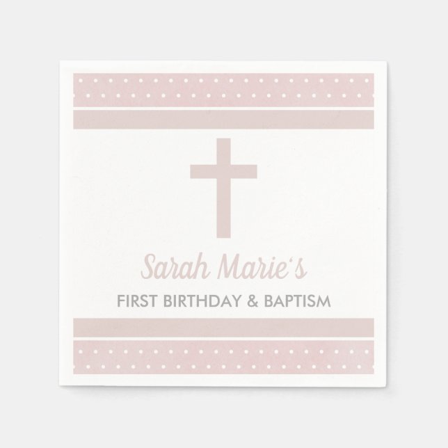 Pink Cross Baby Girl First Birthday Baptism Napkin (Front)