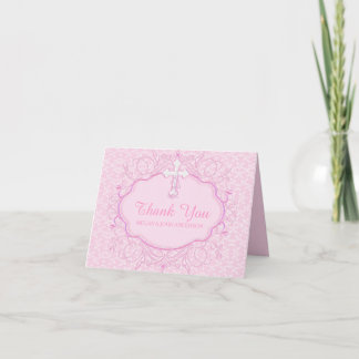 Pink Cross Baptism Christening Thank You Card