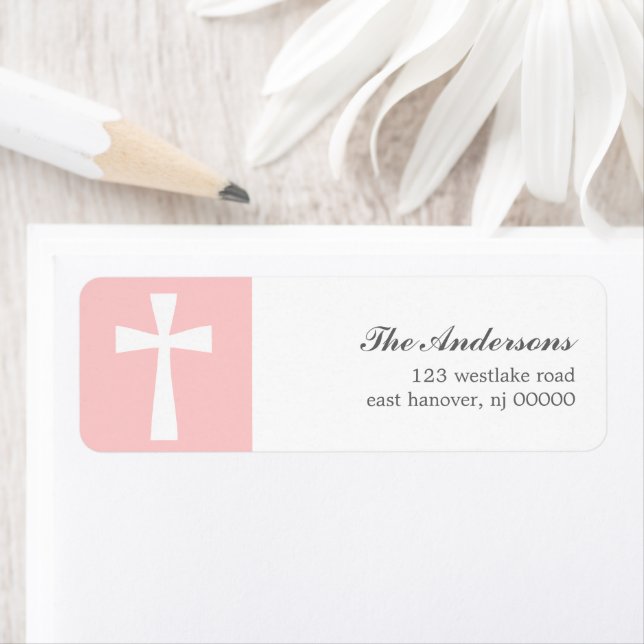 Pink Cross Baptism Return Address Label (Insitu)