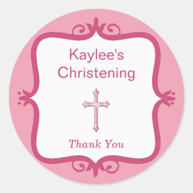 Pink Cross Baptism Round Sticker (Front)