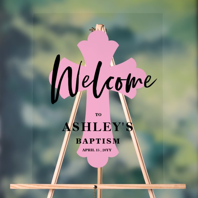  Pink Cross Baptism Welcome Acrylic Sign (Neutral)