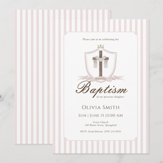 Pink Cross Crest Baptism Invitation (Front/Back)