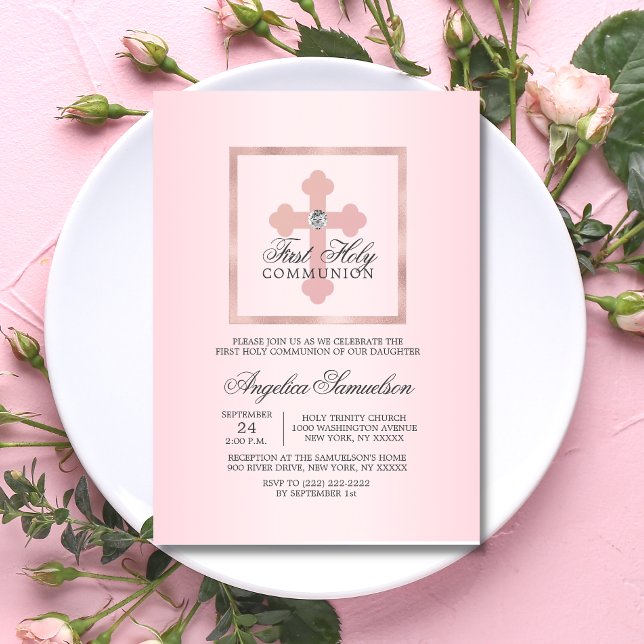 Pink Cross First Holy Communion GIRL Invitation (Creator Uploaded)