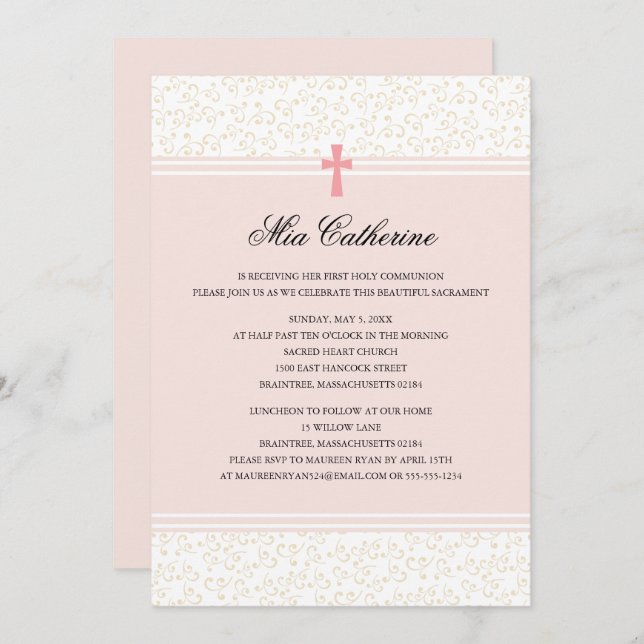Pink Cross First Holy Communion Invitation (Front/Back)