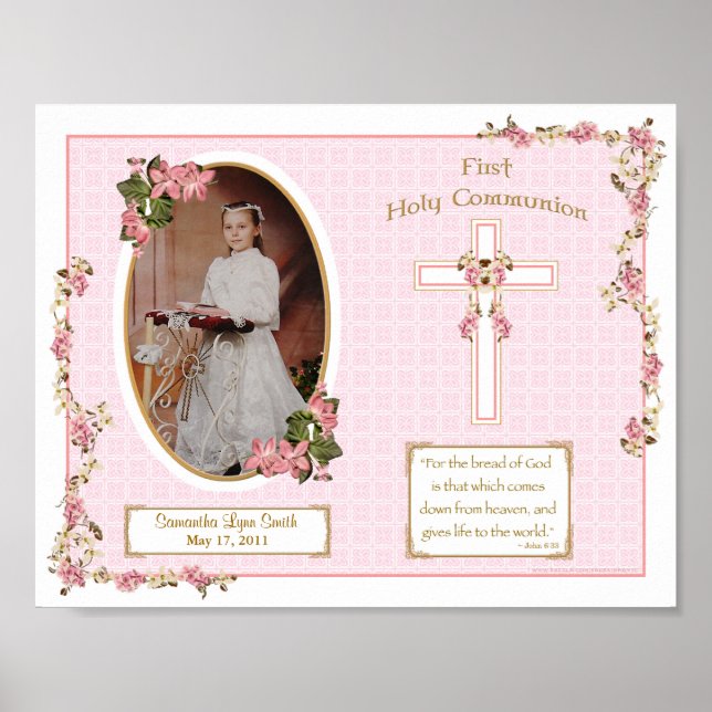 Pink Cross First Holy Communion Personalised 11x14 Poster (Front)