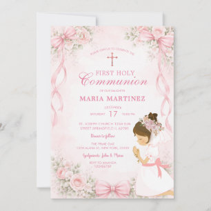 Pink Cross Floral Girl Praying 1st Holy Communion Invitation