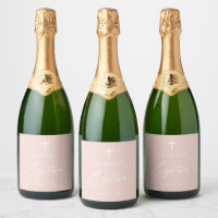 Pink Cross Girl Baptism Sparkling Wine Bottle Labe