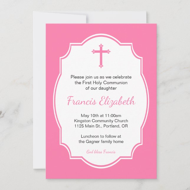 Pink Cross Girl First Holy Communion Invitation (Front)
