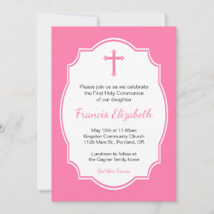 Pink Cross Girl First Holy Communion Invitation